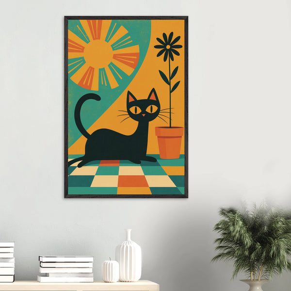 Retro Cat Vibe Wooden Framed Poster – A Gift Full of Charm - Black frame - Wooden Framed Posters