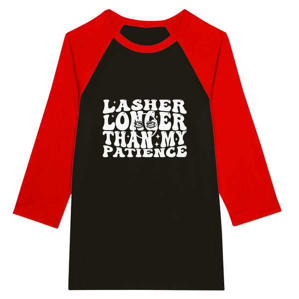 Patience & Lashes - Unisex 3/4 sleeve Raglan T-shirt - Black and Red -