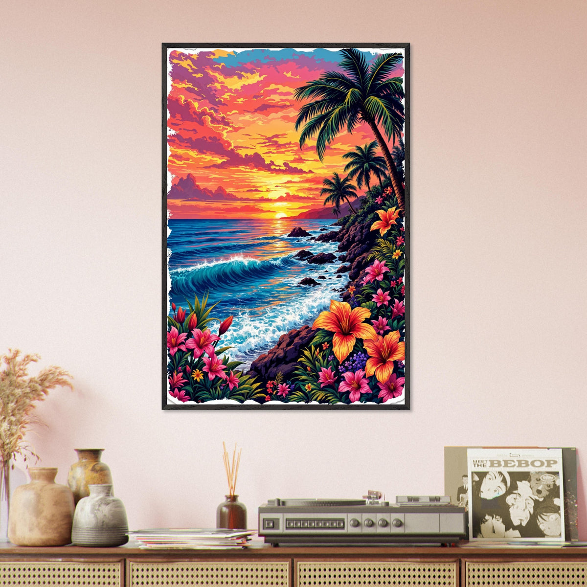 Ocean Waves & Paradise Flowers - A Sunset Dream - Black frame - Framed Posters