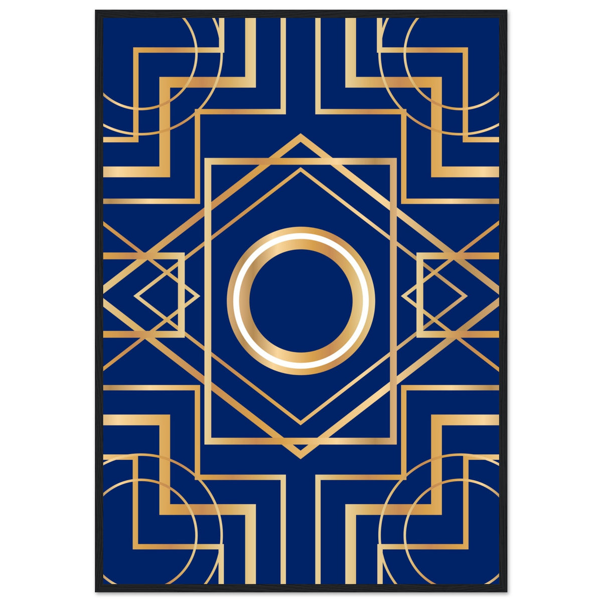 Art Deco Elegance - Blue & Gold Geometric Framed Print - 70x100 cm 28x40″ Black frame - Wooden Framed Posters