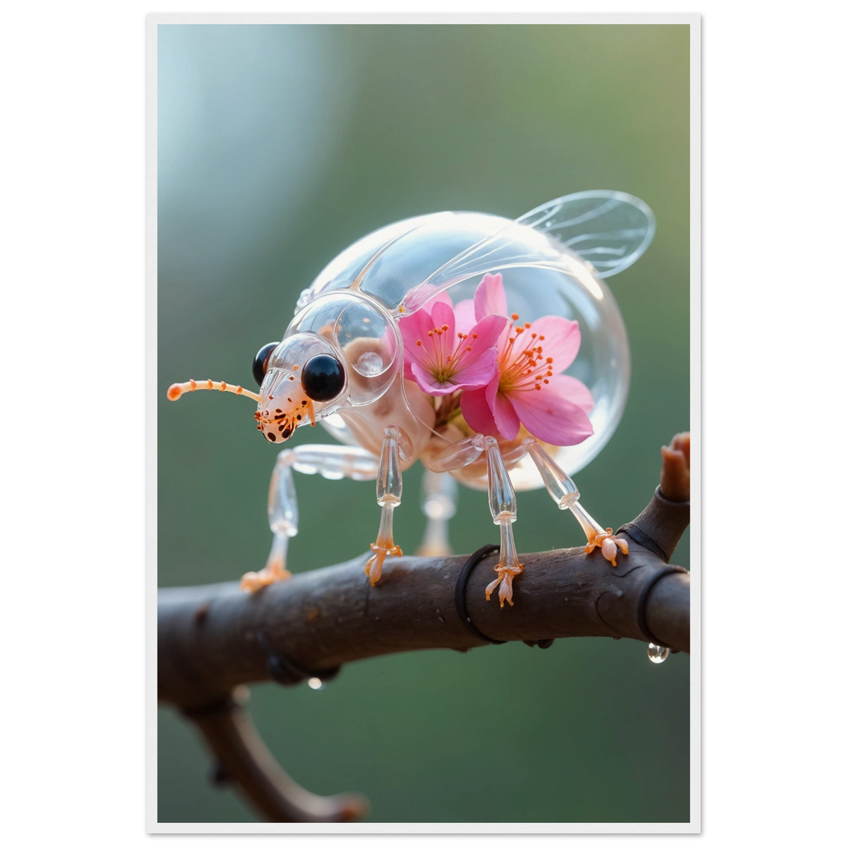 Glass Ladybug - Floral Whimsy Framed Poster - - Wooden Framed Posters