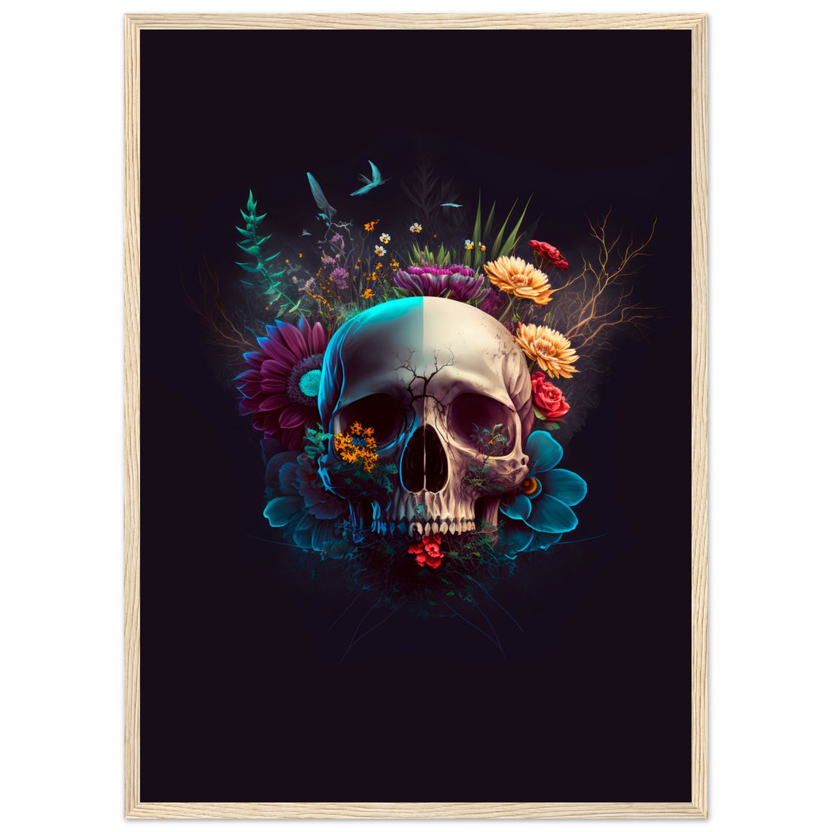 Nature’s Duality - Vibrant Flowers and Skull - 50x70 cm 20x28″ Wood frame - Wooden Framed Posters