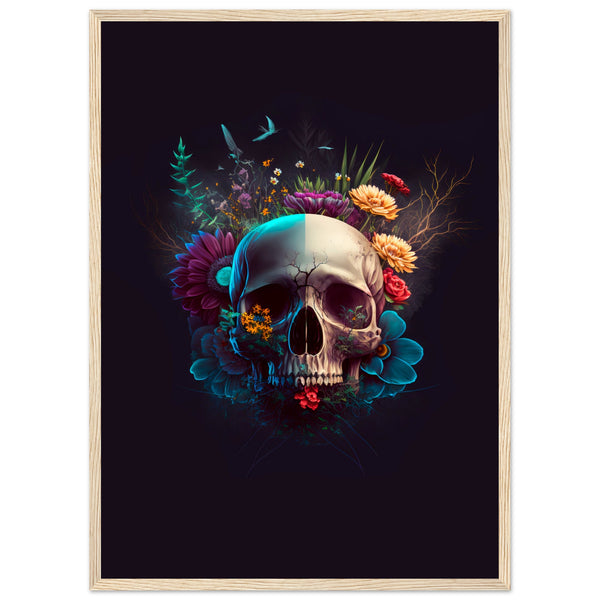 Nature’s Duality - Vibrant Flowers and Skull - 50x70 cm 20x28″ Wood frame - Wooden Framed Posters