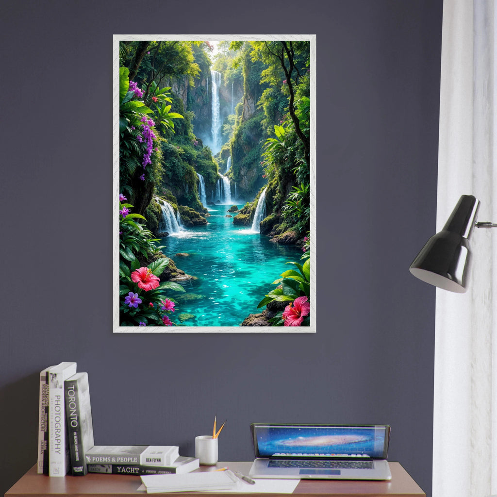 Tropical Falls Escape Poster – Gift for Nature Lovers - White frame - Wooden Framed Posters