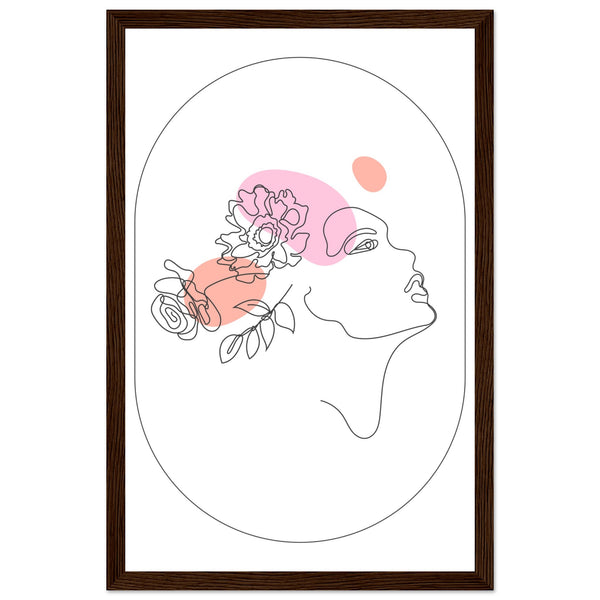 Ethereal Blossom Muse - Framed Line Art Poster - 28x43 cm XL (11x17″) Dark wood frame - Wooden Framed Posters