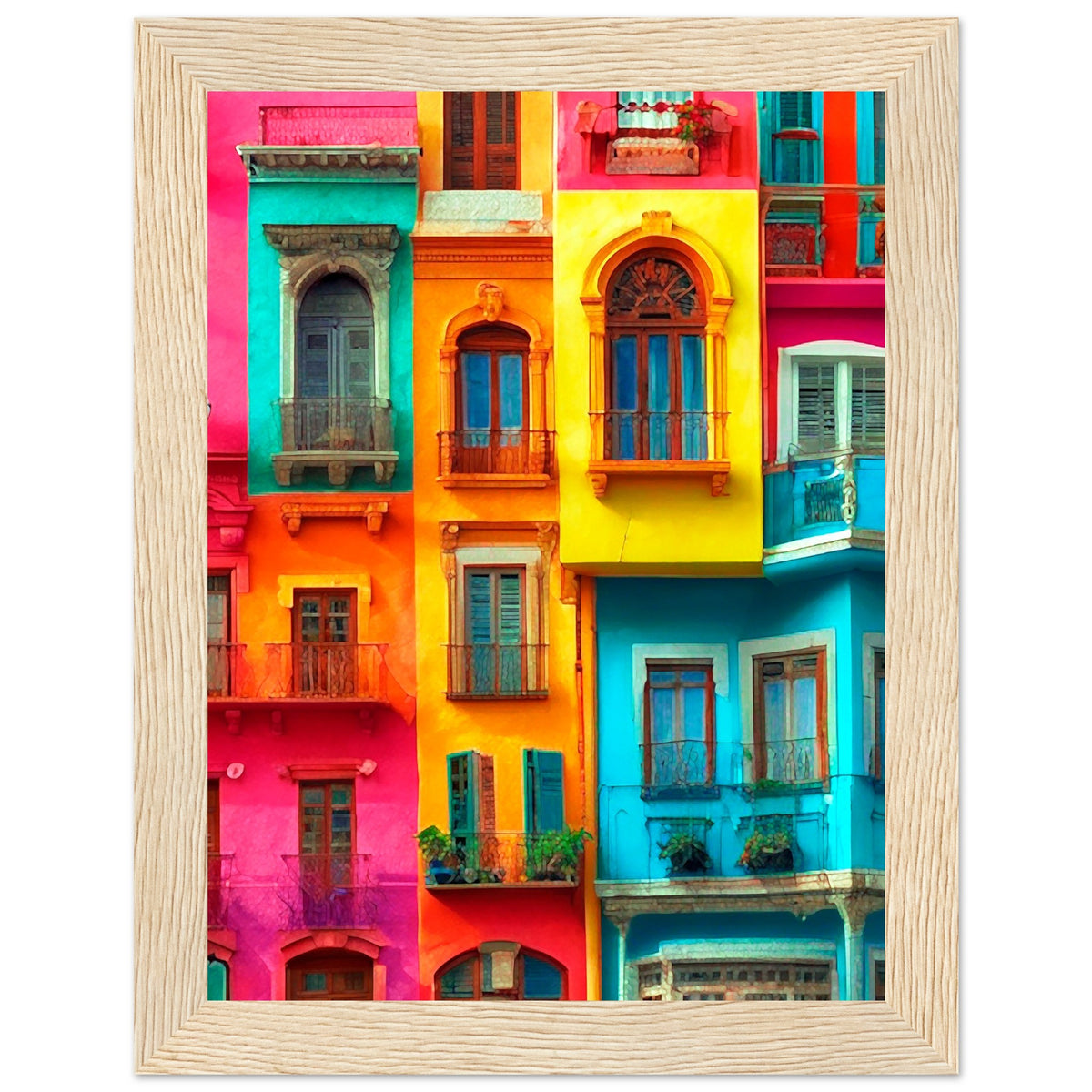 Vibrant Dreams - Colorful Cityscape Art - 15x20 cm 6x8″ Wood frame - Wooden Framed Poster