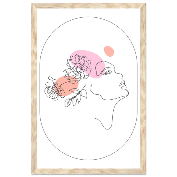 Ethereal Blossom Muse - Framed Line Art Poster - 28x43 cm XL (11x17″) Wood frame - Wooden Framed Posters