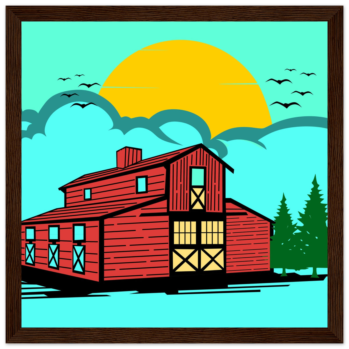 Countryside Sunrise - A Nostalgic Barn Scene - 30x30 cm 12x12″ Dark wood frame - Wooden Framed Posters