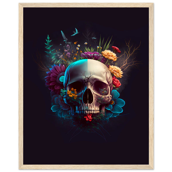 Nature’s Duality - Vibrant Flowers and Skull - 40x50 cm 16x20″ Wood frame - Wooden Framed Posters