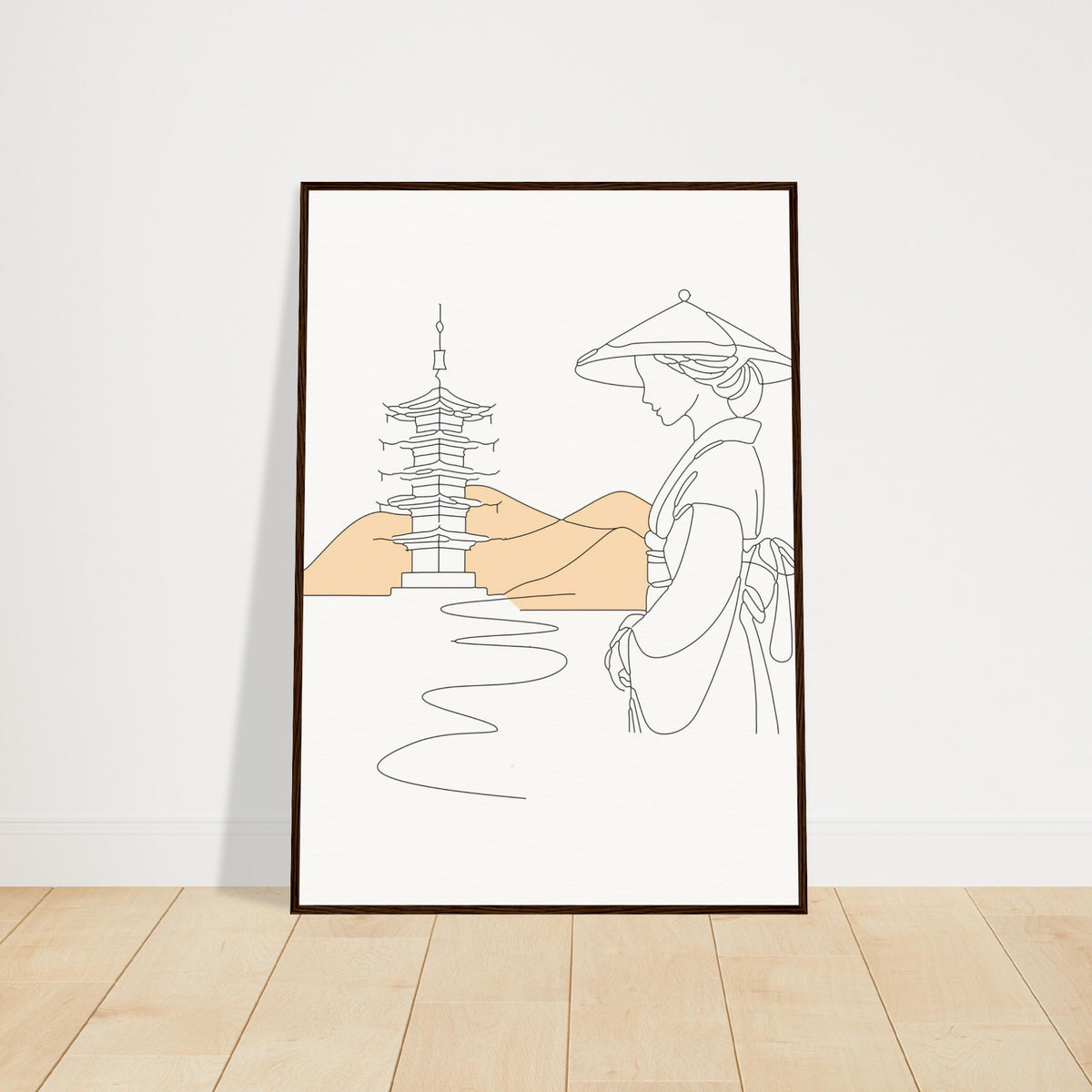 Serene Japanese Elegance - Framed Line Art - 70x100 cm 28x40″ Dark wood frame - Wooden Framed Posters