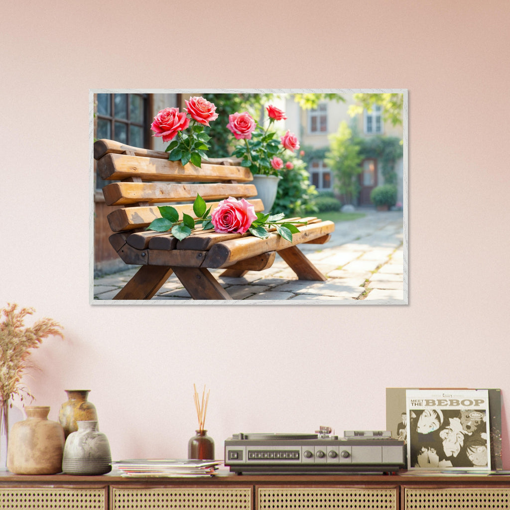 Rustic Romance - Roses on a Bench Framed Wall Art - White frame - Framed Posters