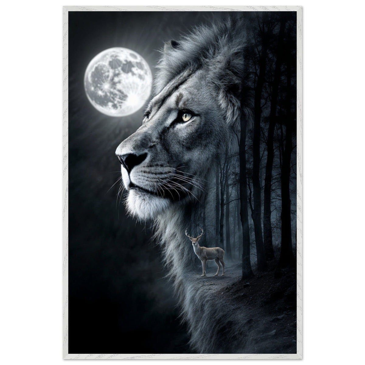 The Moonlit Guardian - Lion and Deer Framed Art - - Framed Posters