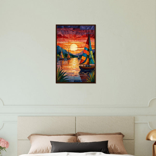 Sunset Sail - Stained Glass Boat Framed Print - Dark wood frame 40x60 cm 16x24″ - Wooden Framed Posters