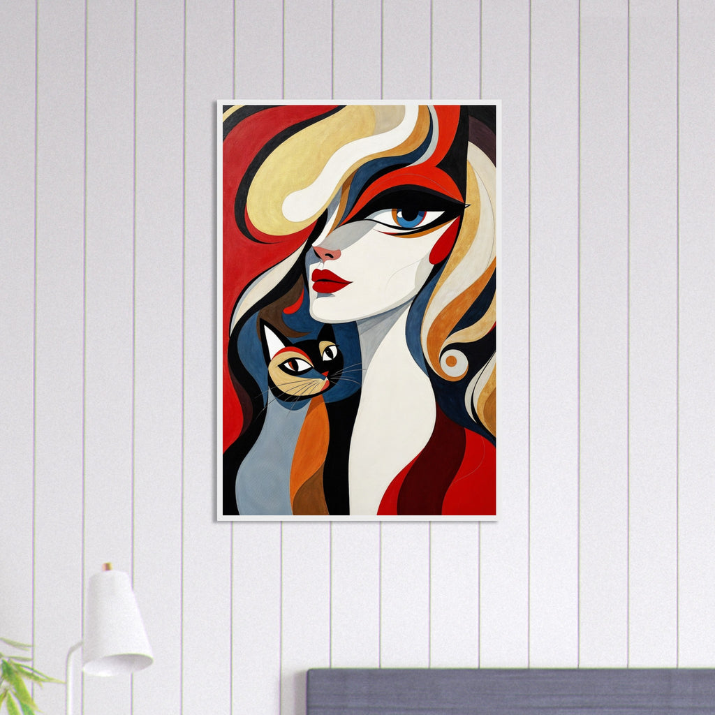 Bold Graphic Woman with Feline Companion Wall Decor - White frame 60x90 cm 24x36″ - Wooden Framed Posters