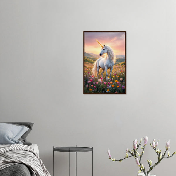 Golden Horn - Unicorn in Wildflowers Framed Poster - 40x60 cm 16x24″ Dark wood frame - Wooden Framed Posters