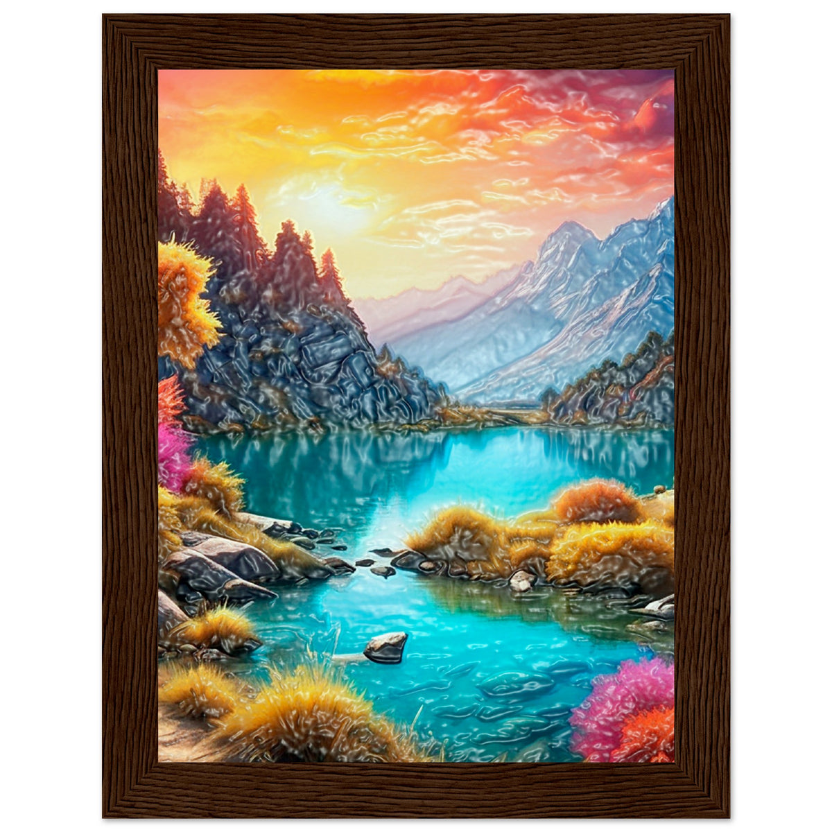 Mountain Serenity - Tranquil Landscape Art - 15x20 cm 6x8″ Dark wood frame - Wooden Framed Poster