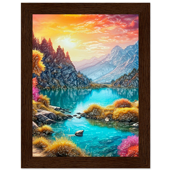 Mountain Serenity - Tranquil Landscape Art - 15x20 cm 6x8″ Dark wood frame - Wooden Framed Poster