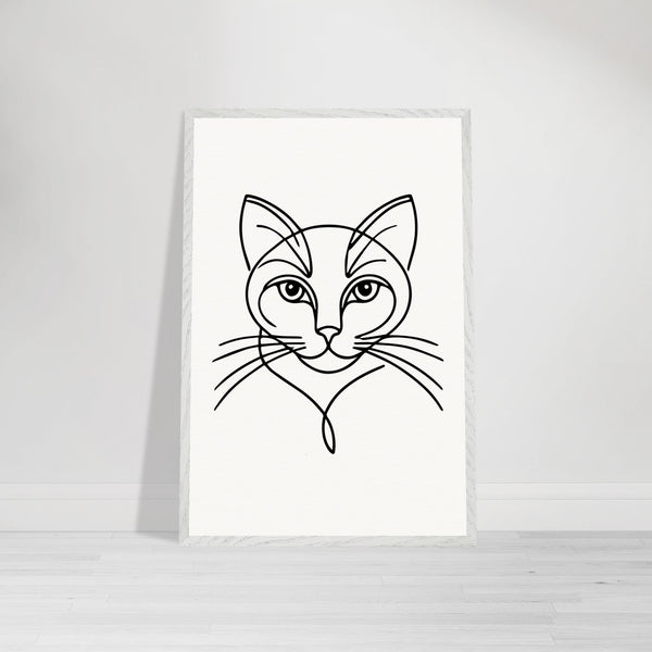 Timeless Cat Line Art - Natural Wood Framed Elegance - 60x90 cm 24x36″ White frame - Wooden Framed Posters