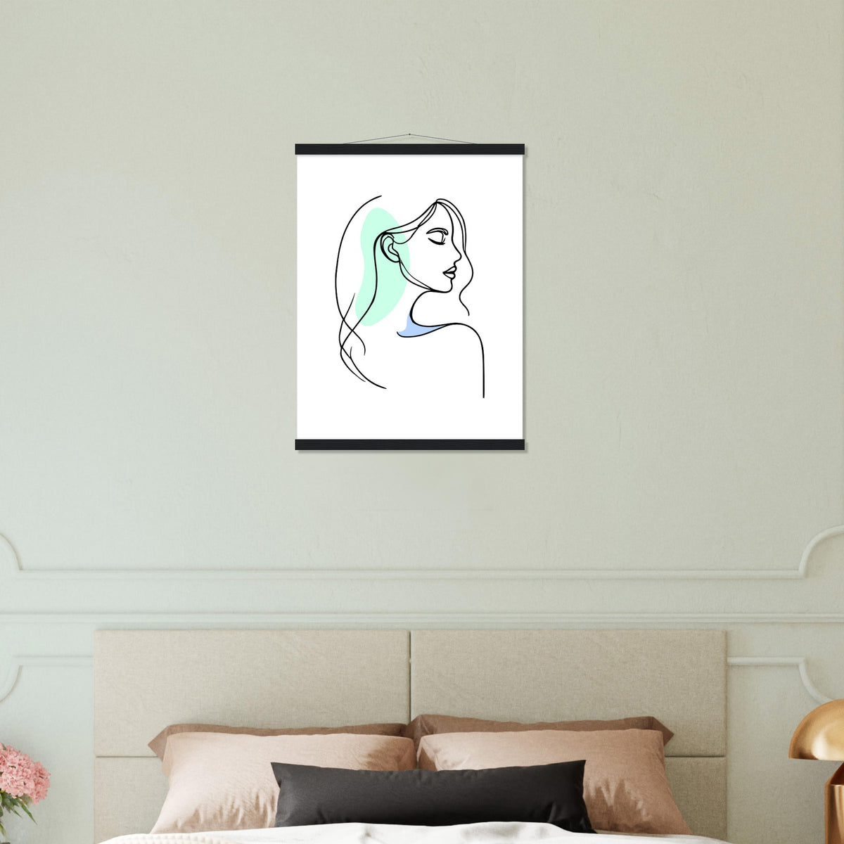 Elegance in Line - Minimalist Female Profile Art with Wooden Hangers - 45x60 cm 18x24″ Black wall hanger - Posters With Hanger