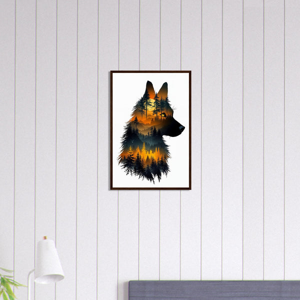 Guardian of the Forest - Wolf Portrait in Wooden Frame - Dark wood frame 40x60 cm 16x24″ - Wooden Framed Posters