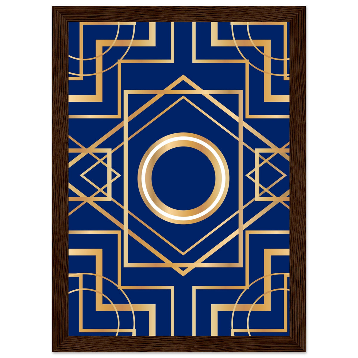 Art Deco Elegance - Blue & Gold Geometric Framed Print - A4 21x29.7 cm 8x12″ Dark wood frame - Wooden Framed Posters