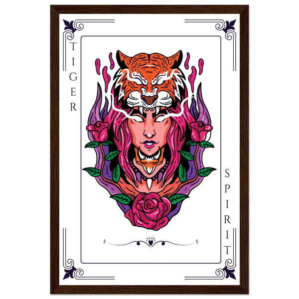 Artistry Unleashed - Warrior, Sacred Bull, and Tiger Spirit - 30x45 cm 12x18″ Dark wood frame Tiger Spirit - Wooden Framed Posters