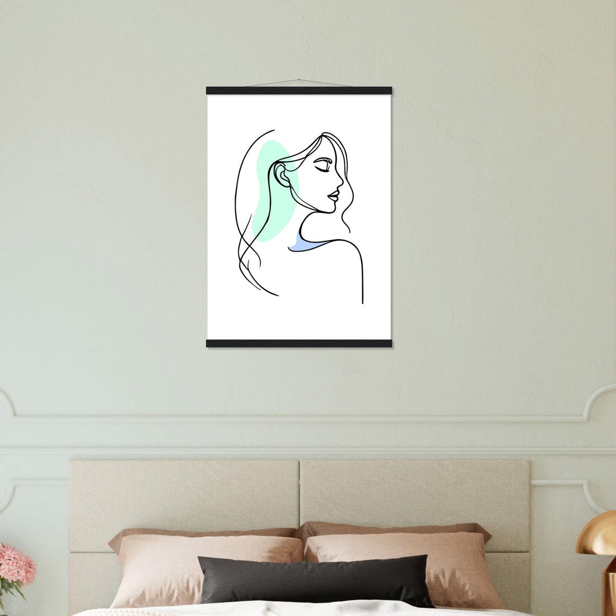 Elegance in Line - Minimalist Female Profile Art with Wooden Hangers - 50x70 cm 20x28″ Black wall hanger - Posters With Hanger