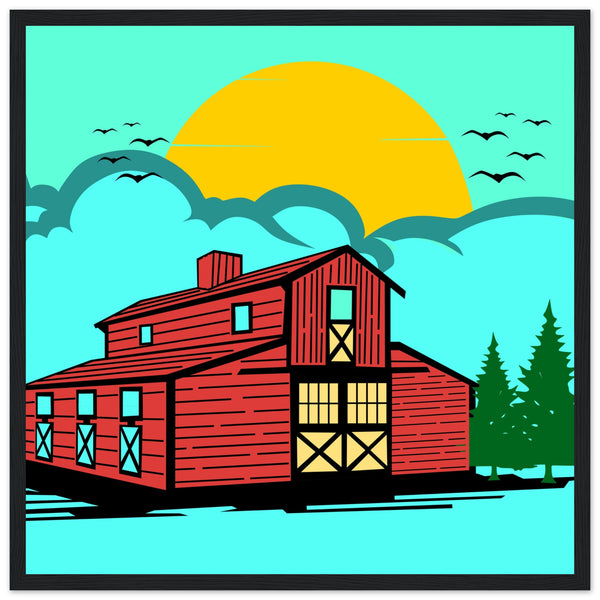 Countryside Sunrise - A Nostalgic Barn Scene - 50x50 cm 20x20″ Black frame - Wooden Framed Posters