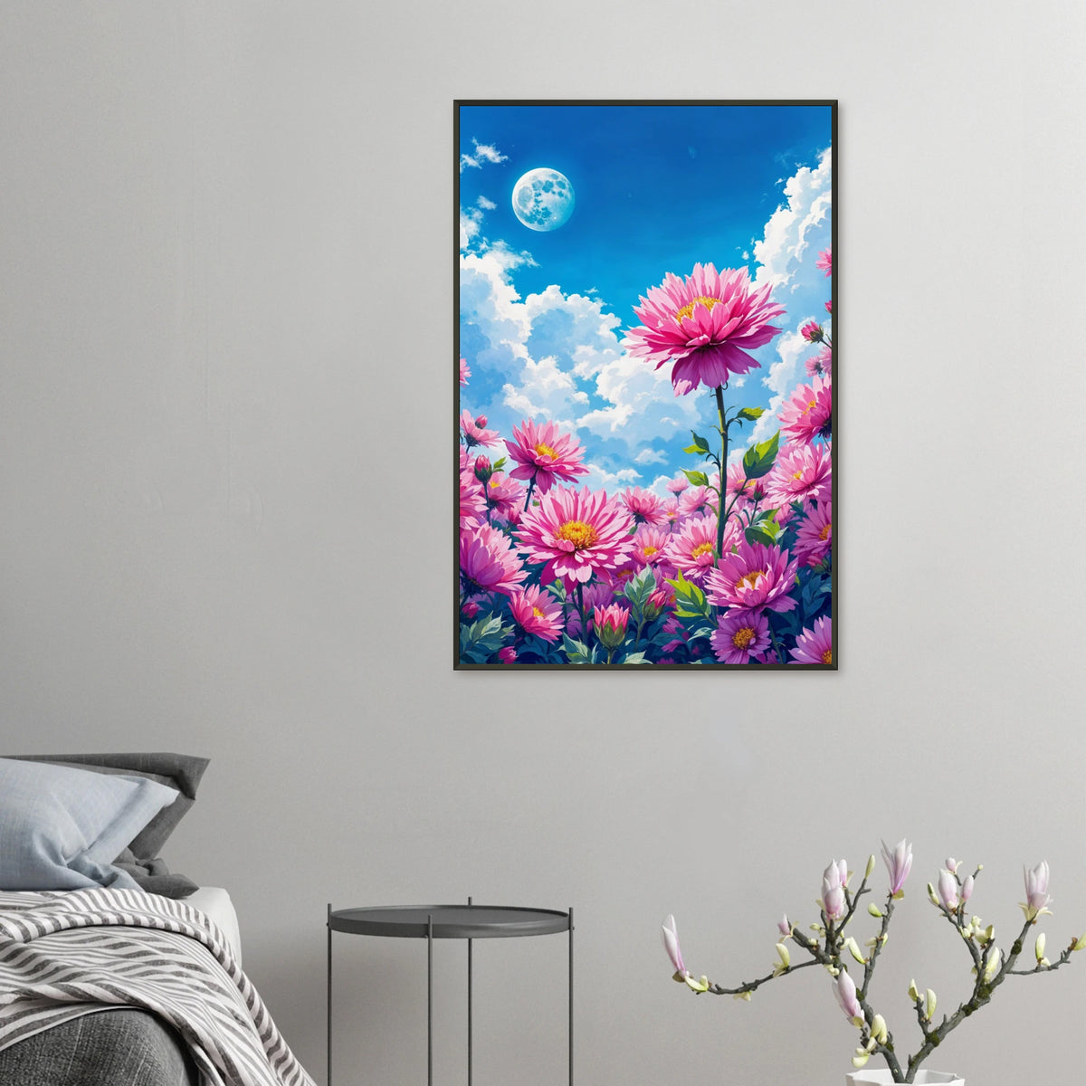Pink Bloom Moon - Floral Meadow Framed Poster - 60x90 cm 24x36″ - Metal Framed Posters