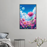 Pink Bloom Moon - Floral Meadow Framed Poster - 60x90 cm 24x36″ - Metal Framed Posters