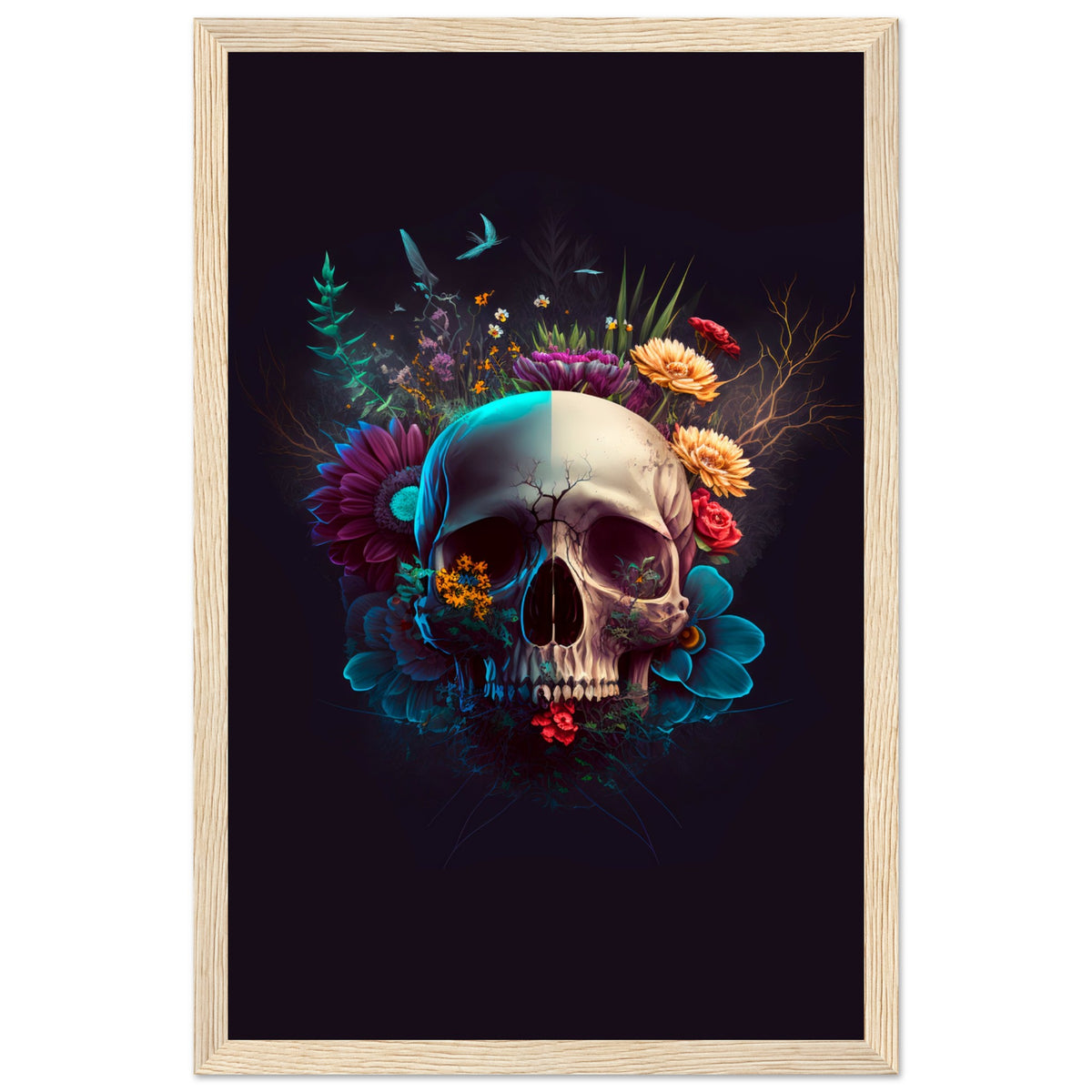 Nature’s Duality - Vibrant Flowers and Skull - 28x43 cm XL (11x17″) Wood frame - Wooden Framed Posters