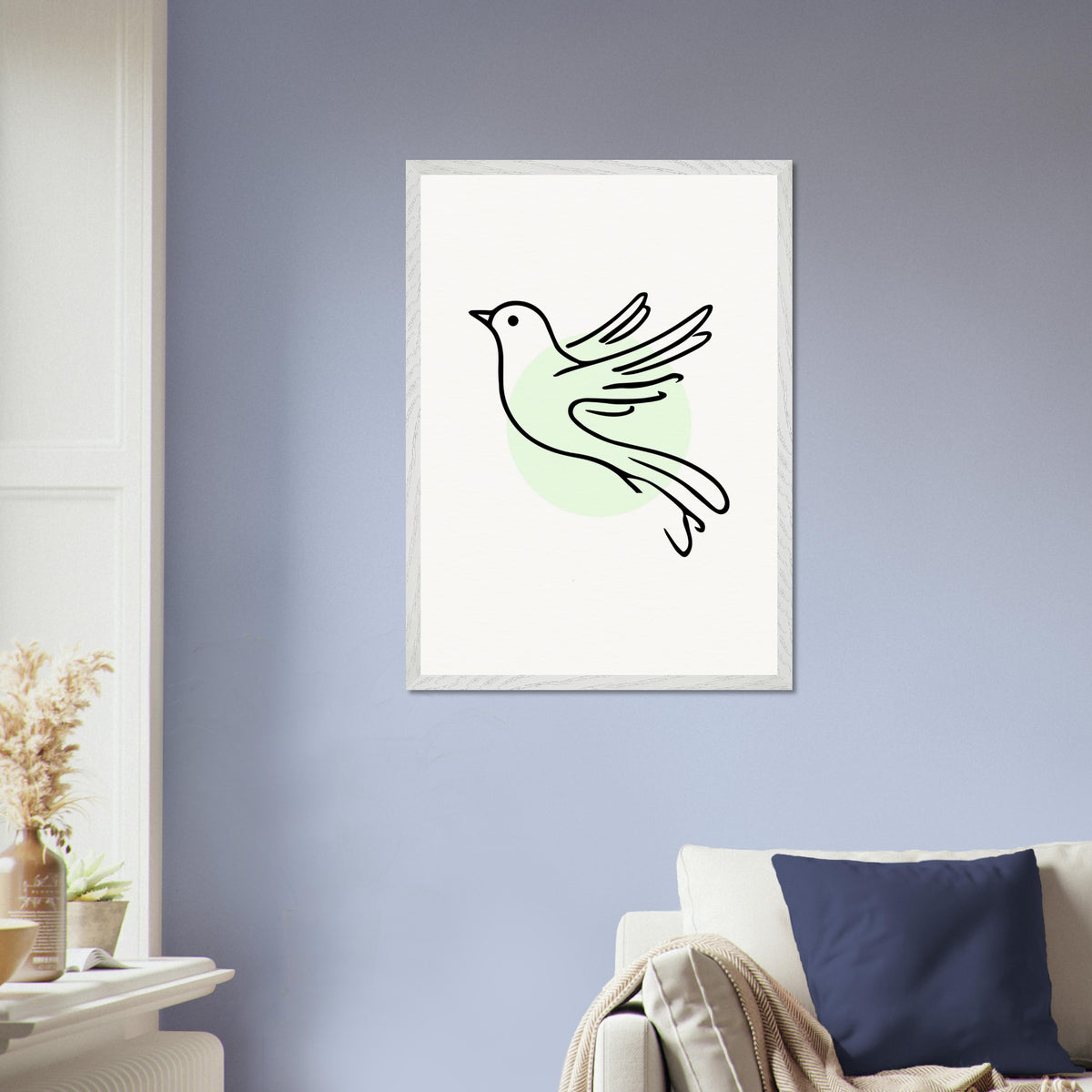 Grace in Flight - Bird Line Art Wooden Framed Poster - 50x70 cm 20x28″ White frame - Wooden Framed Posters