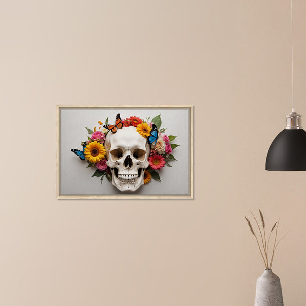 Life and Death - Skull with Vibrant Flowers and Butterflies - - Framed Canvas