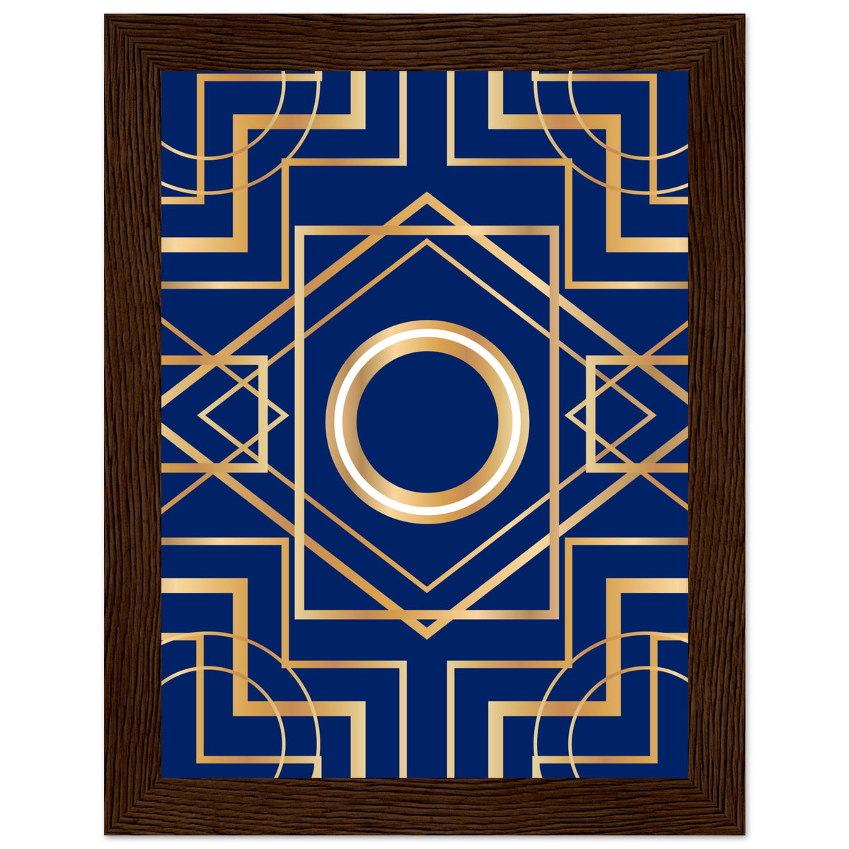 Art Deco Elegance - Blue & Gold Geometric Framed Print - 15x20 cm 6x8″ Dark wood frame - Wooden Framed Posters