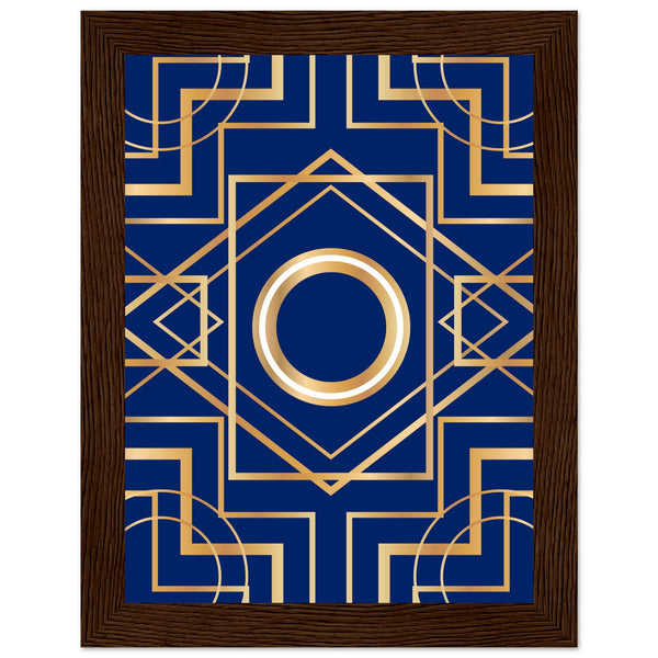 Art Deco Elegance - Blue & Gold Geometric Framed Print - 15x20 cm 6x8″ Dark wood frame - Wooden Framed Posters