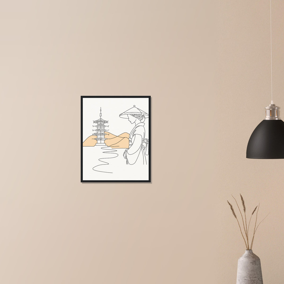 Serene Japanese Elegance - Framed Line Art - - Wooden Framed Posters