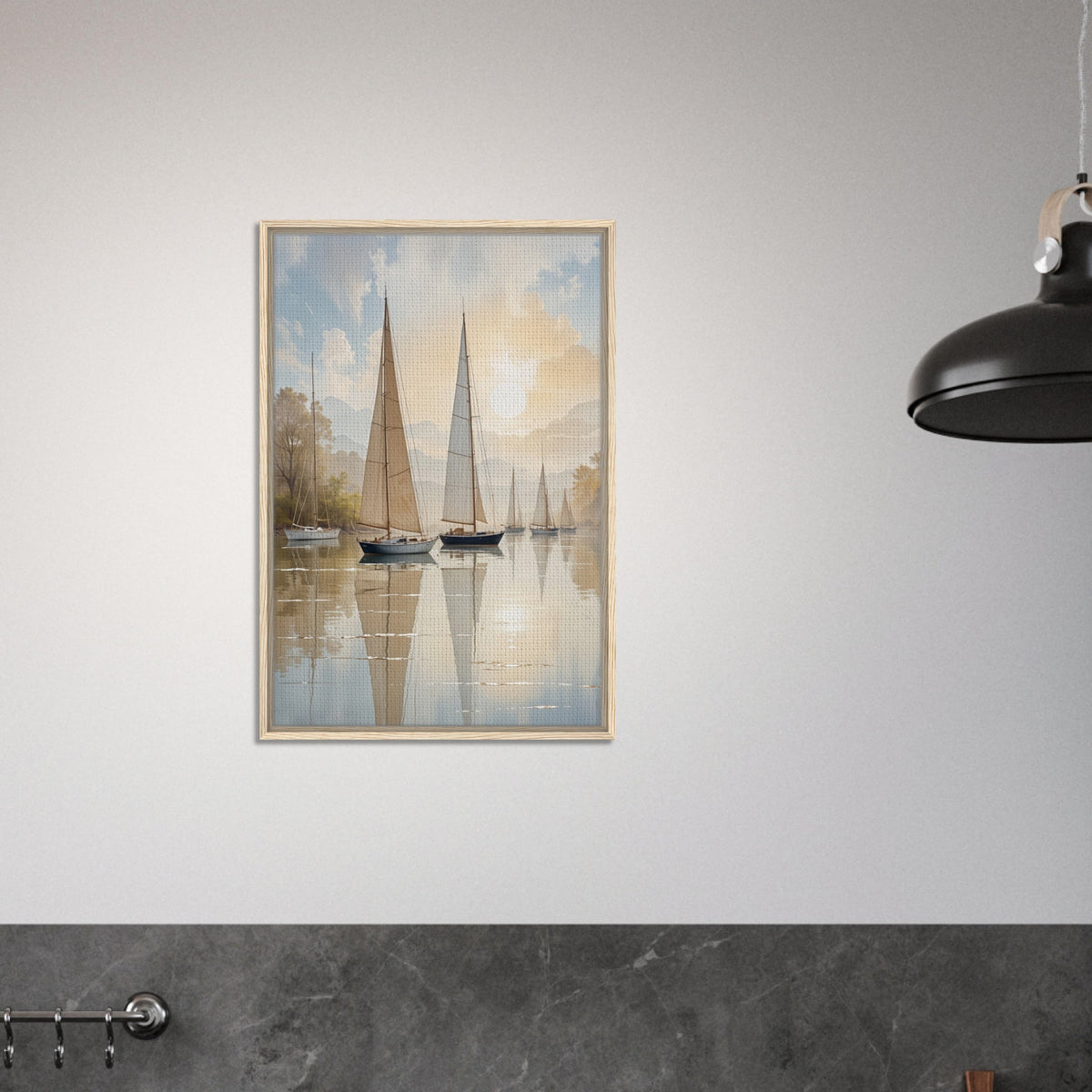 Tranquil Reflections - Sailboats in Sunlit Waters - - Framed Canvas