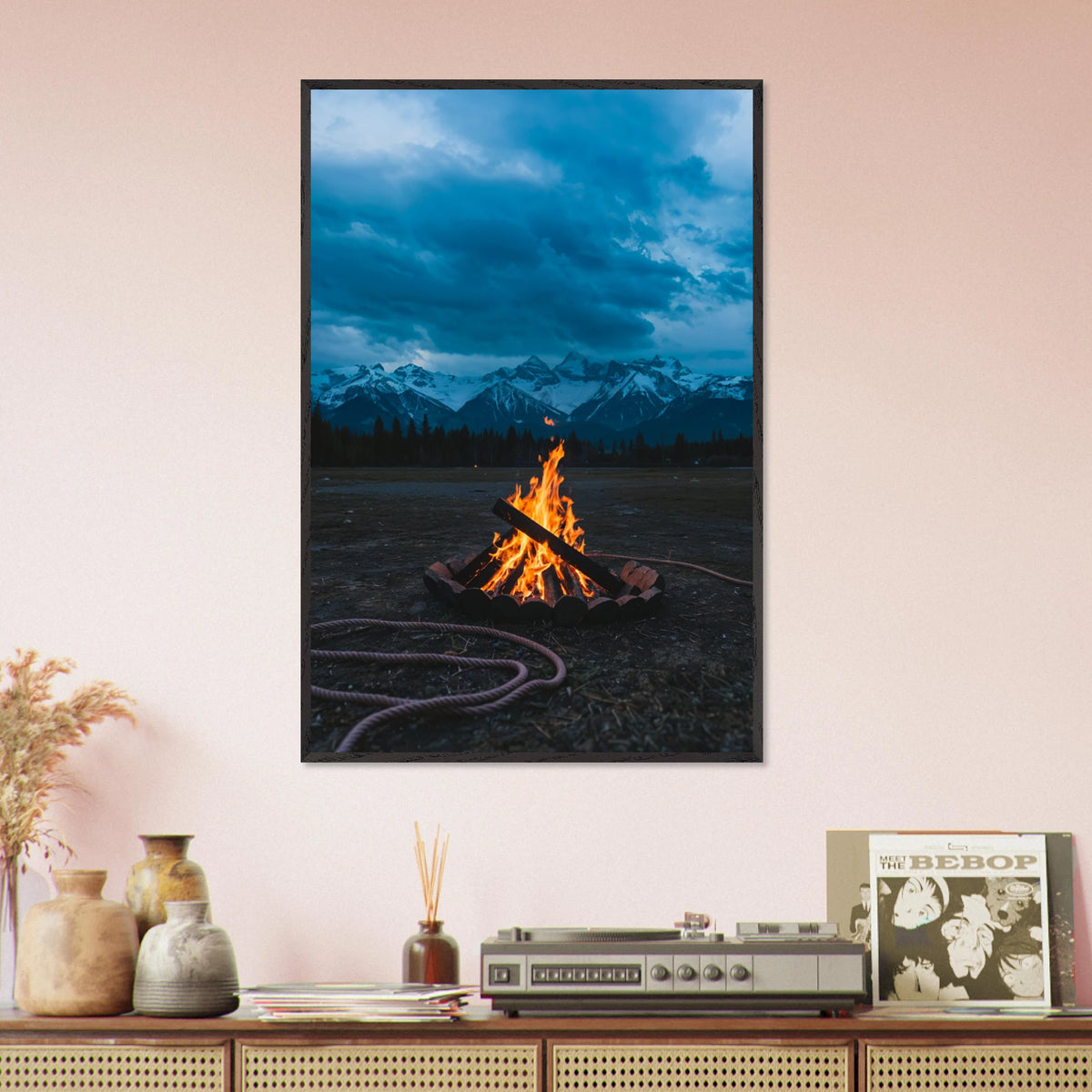 Gift Warmth – Campfire Glow Wooden Poster - Black frame - Wooden Framed Posters