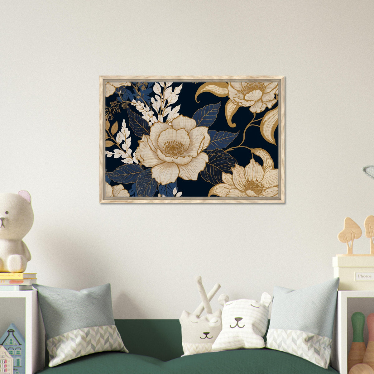 Golden Blooms - Floral Elegance on Dark Canvas - - Framed Canvas