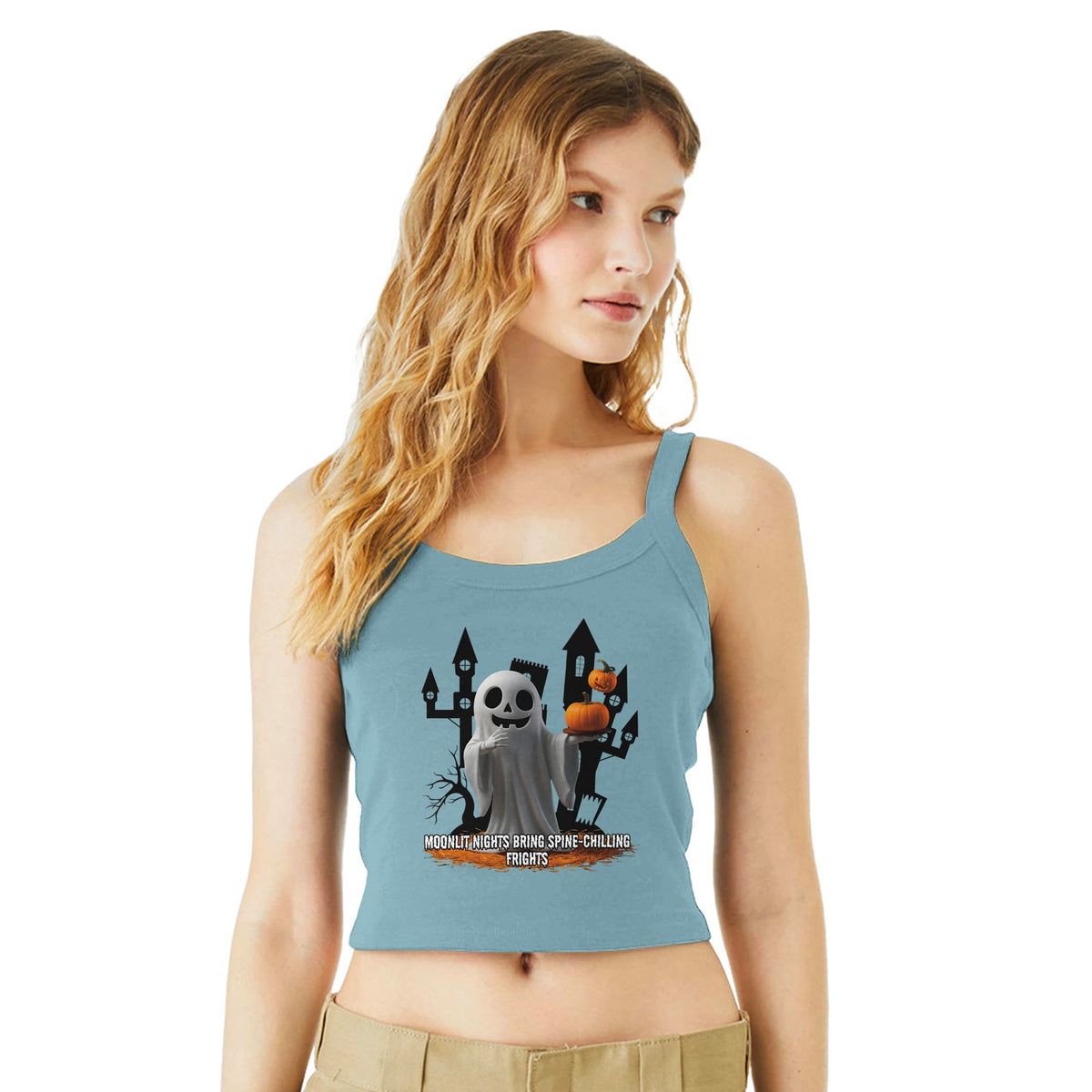 Moonlit Magic - Halloween Ghost Crop Tank - sld baby blu bln - Tank Tops