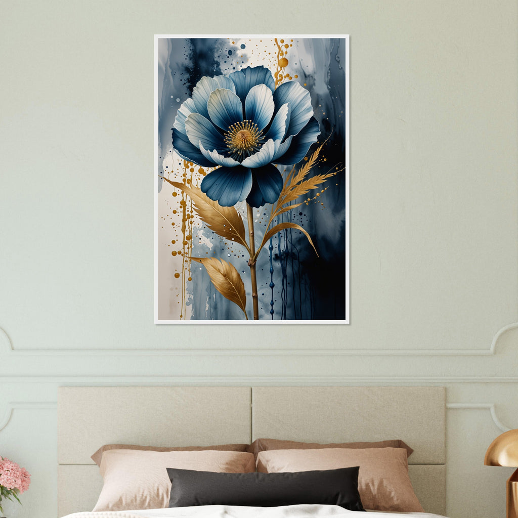 Indigo Dreams - Modern Floral Wall Art - White frame 60x90 cm 24x36″ - Wooden Framed Posters