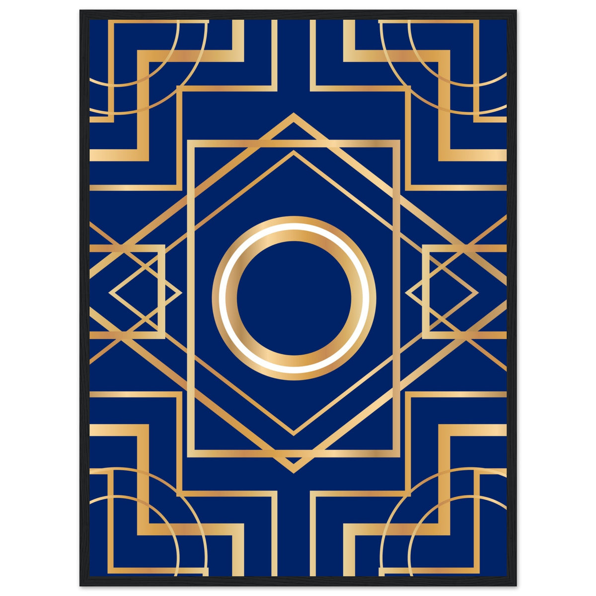 Art Deco Elegance - Blue & Gold Geometric Framed Print - 60x80 cm 24x32″ Black frame - Wooden Framed Posters