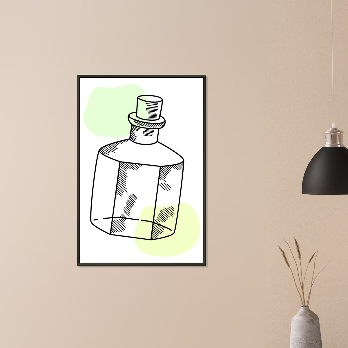 Vintage Charm - Line Art Bottle with Pastel Accents - - Metal Framed Posters