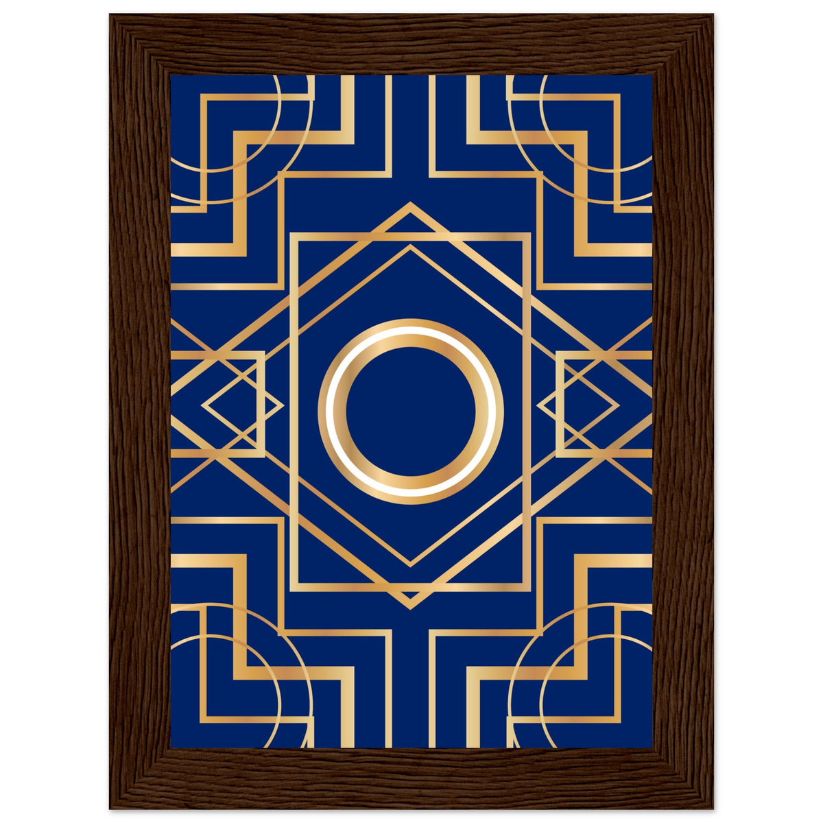 Art Deco Elegance - Blue & Gold Geometric Framed Print - 13x18 cm 5x7″ Dark wood frame - Wooden Framed Posters