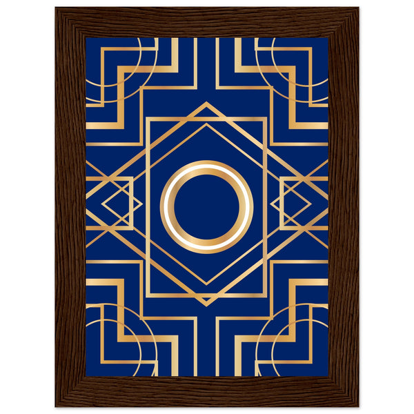 Art Deco Elegance - Blue & Gold Geometric Framed Print - 13x18 cm 5x7″ Dark wood frame - Wooden Framed Posters