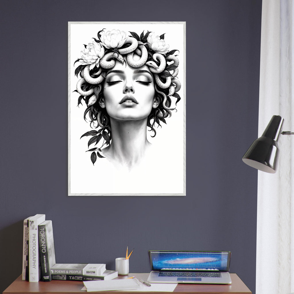 Elegance in Darkness - Modern Medusa Artwork - White frame - Framed Posters