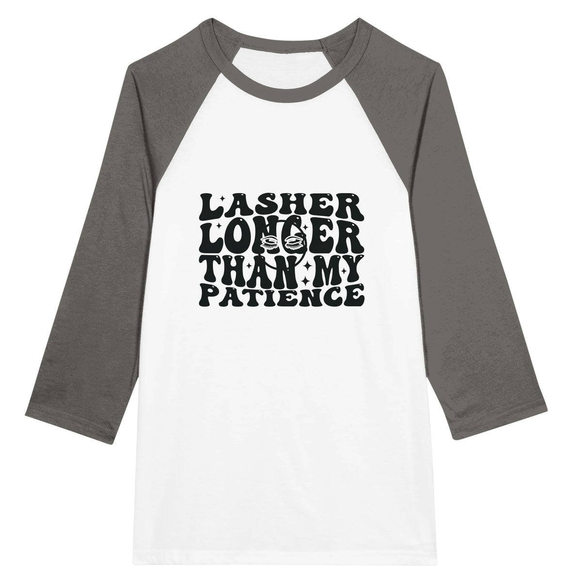 Patience & Lashes - Unisex 3/4 sleeve Raglan T-shirt - White and Asphalt -