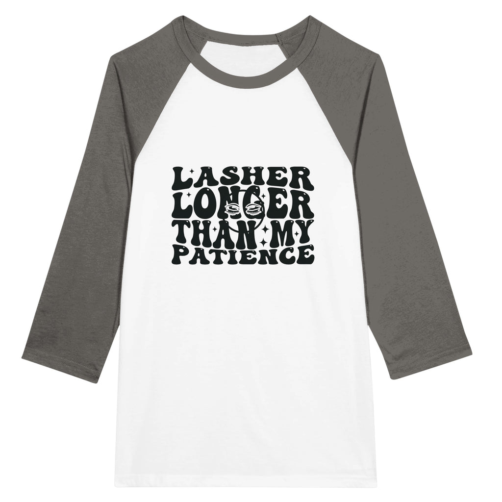 Patience & Lashes - Unisex 3/4 sleeve Raglan T-shirt - White and Asphalt -