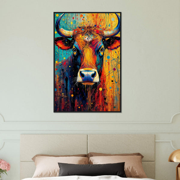 Aura of the Wild - Colorful Bull Art on Matte Paper - Black frame 60x90 cm 24x36″ - Wooden Framed Posters
