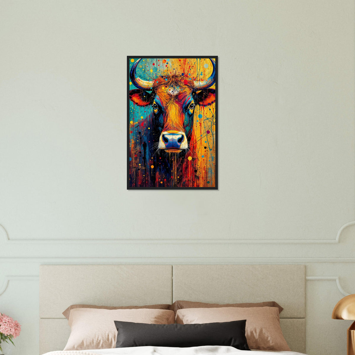 Aura of the Wild - Colorful Bull Art on Matte Paper - Black frame 40x60 cm 16x24″ - Wooden Framed Posters